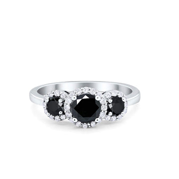 Three Stone Halo Simulated Black CZ Wedding Engagement Promise Ring 925 Sterling Silver